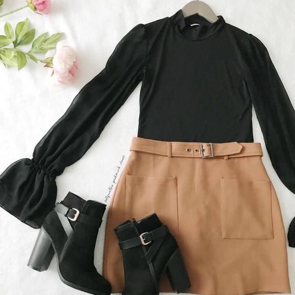 Zara Tops - Zara Black Funnel Neck Belled Sleeve Bodysuit